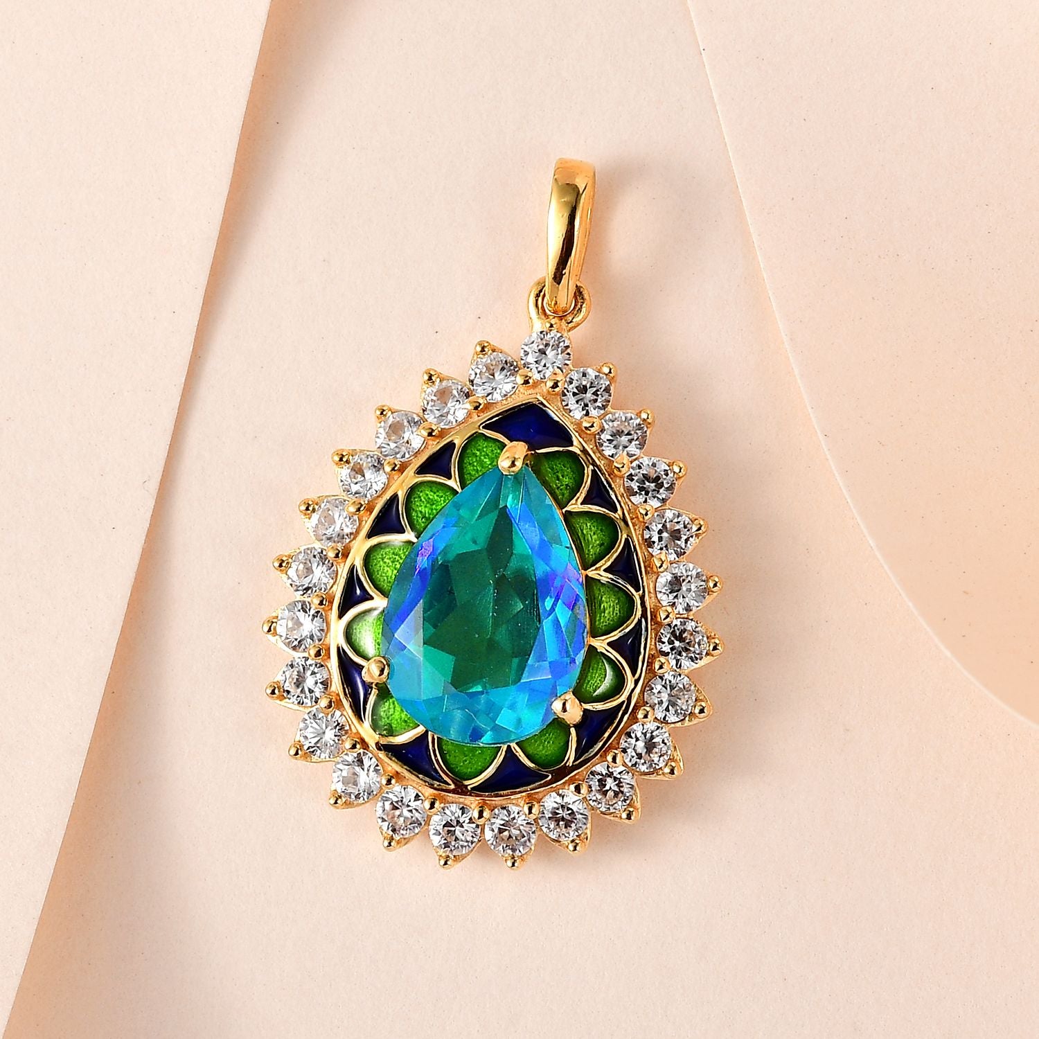Paraiba Pfau Triplet Quarz, weißer Zirkon Anhänger, 925 Silber vergoldet ca. 8.12 ct