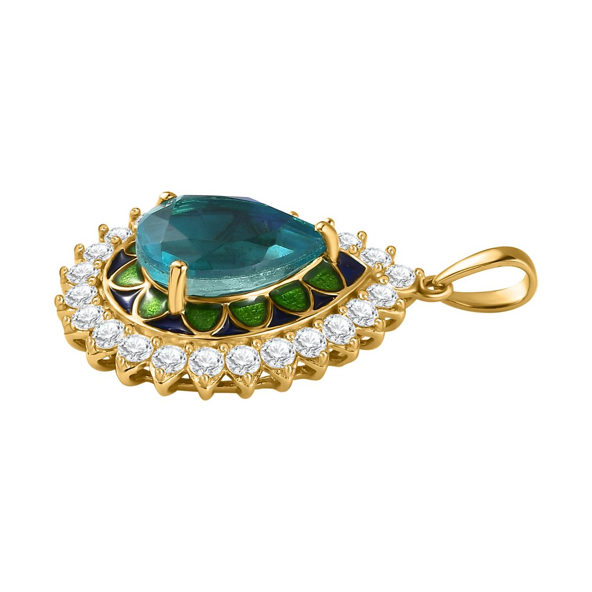 Paraiba Pfau Triplet Quarz, weißer Zirkon Anhänger, 925 Silber vergoldet ca. 8.12 ct