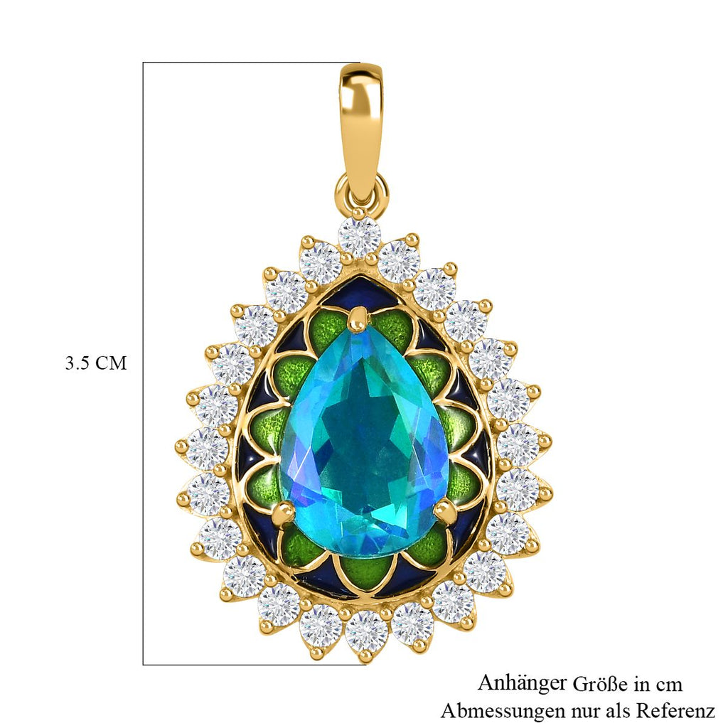 Paraiba Pfau Triplet Quarz, weißer Zirkon Anhänger, 925 Silber vergoldet ca. 8.12 ct