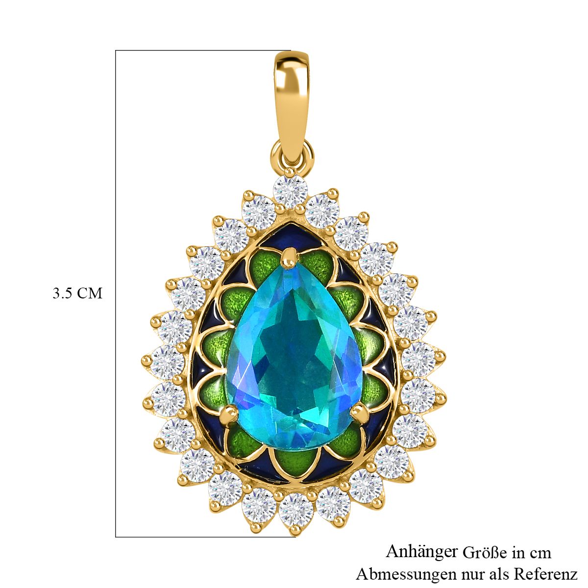 Paraiba Pfau Triplet Quarz, weißer Zirkon Anhänger, 925 Silber vergoldet ca. 8.12 ct
