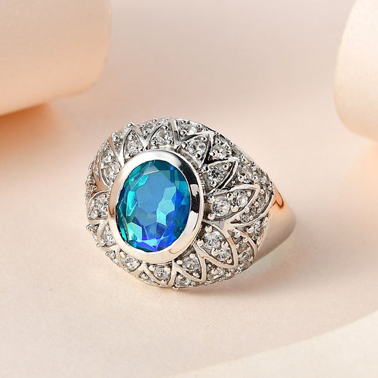 Paraiba Quarz Triplette, weißer Zirkon Ring, 925 Silber platiniert (Größe 20.00) ca. 5.13 ct
