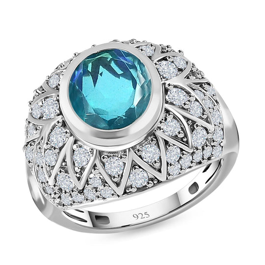 Paraiba Quarz Triplette, weißer Zirkon Ring, 925 Silber platiniert (Größe 20.00) ca. 5.13 ct