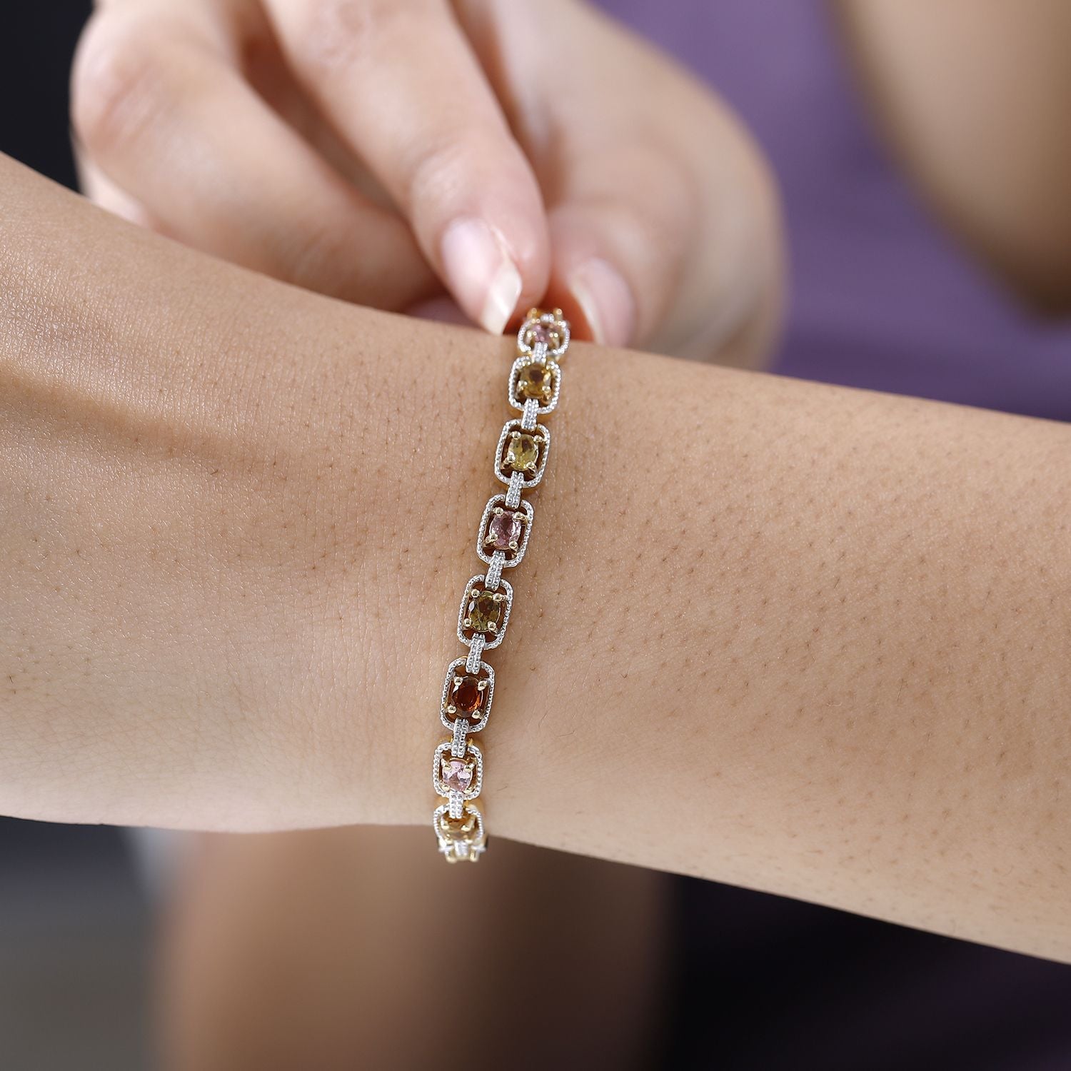 Mehrfarbiges-Turmalin Armband ca. 20 cm 925 Silber vergoldet ca. 4.05 ct