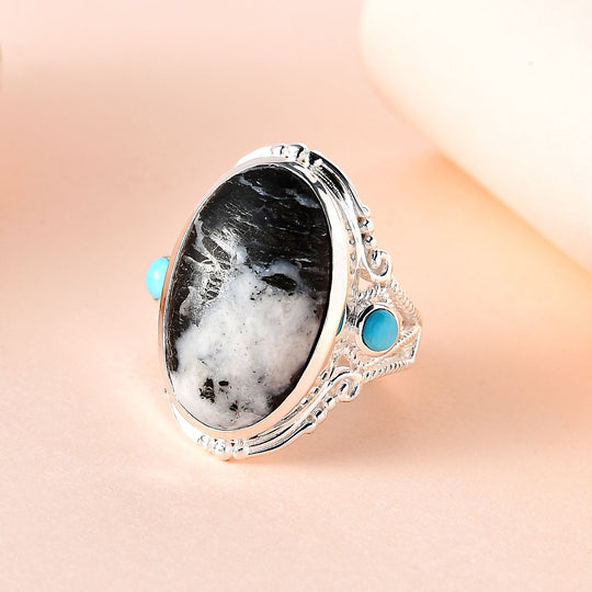 Weißer Büffel, Sleeping Beauty Türkis Ringe 925 Silber (Größe 17.00) ca. 12.84 ct