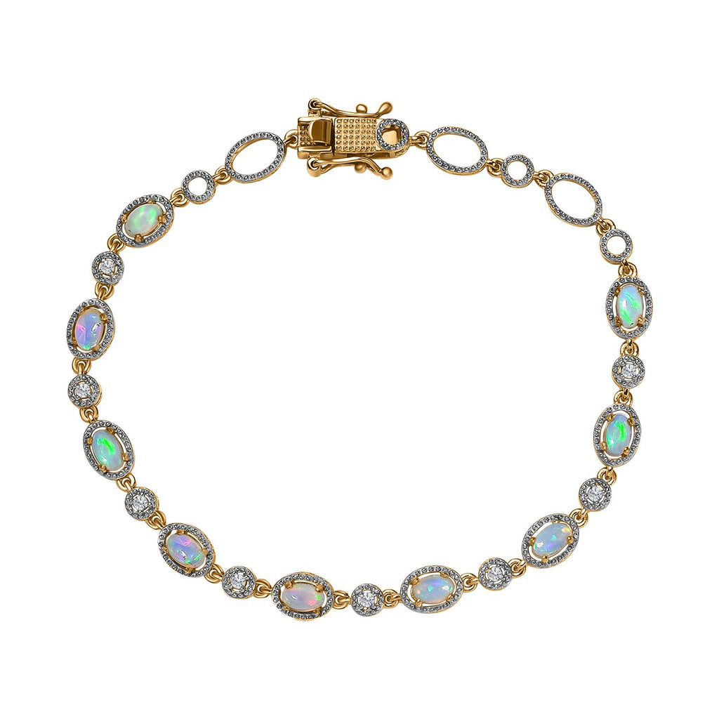 Natürlicher, äthiopischer Welo Opal, weißer Zirkon Armband, ca. 19 cm 925 Silber vergoldet ca. 1.82 ct