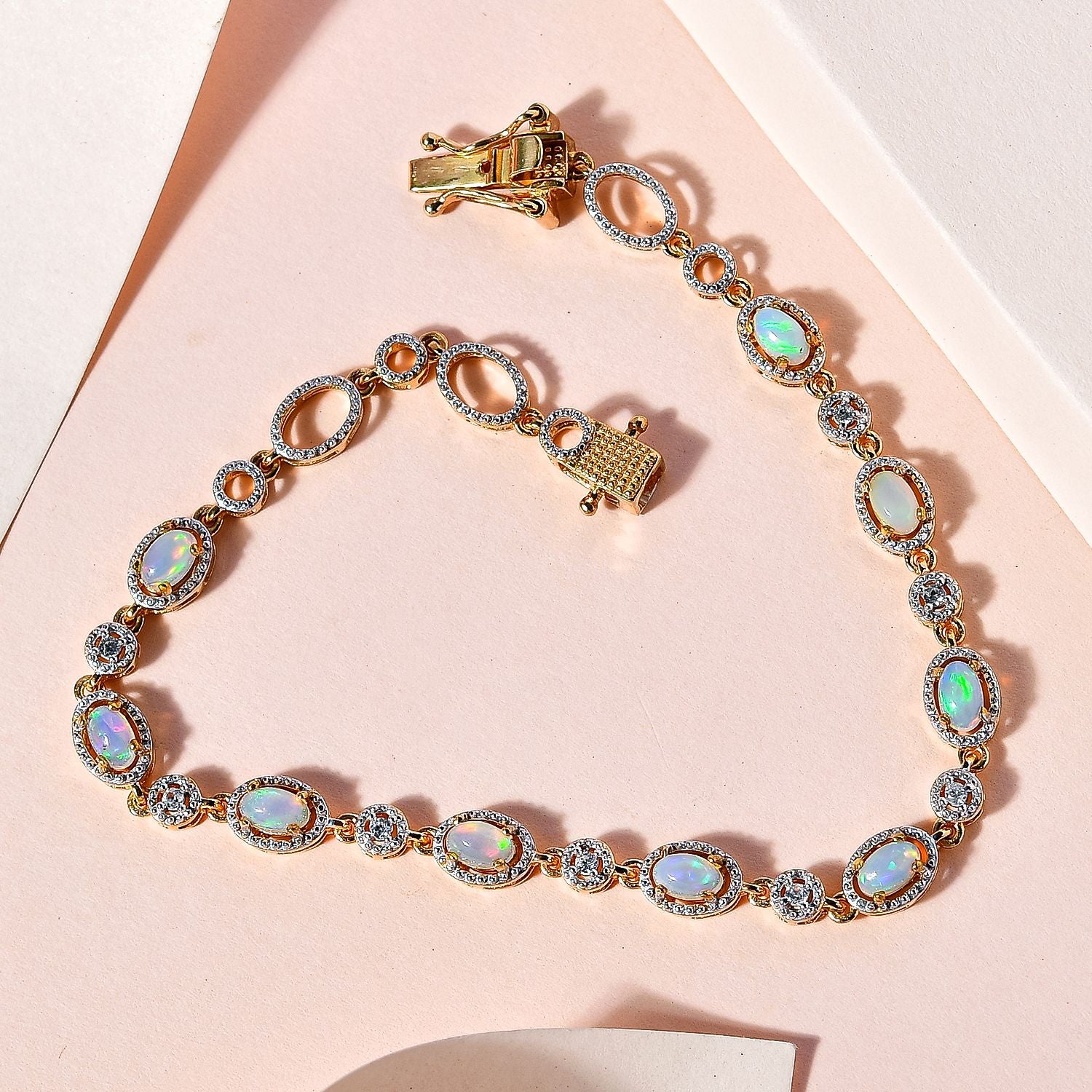 Natürlicher, äthiopischer Welo Opal, weißer Zirkon Armband, ca. 19 cm 925 Silber vergoldet ca. 1.82 ct