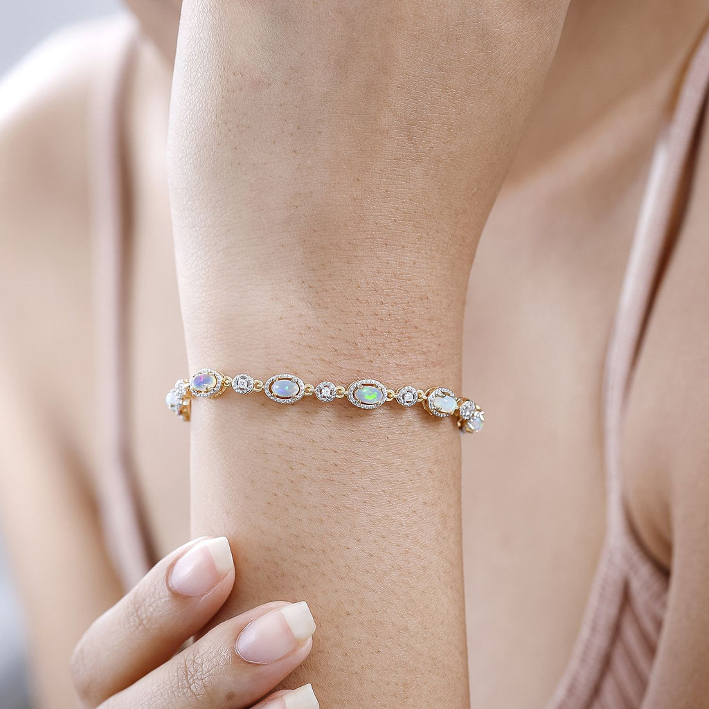 Natürlicher, äthiopischer Welo Opal, weißer Zirkon Armband, ca. 19 cm 925 Silber vergoldet ca. 1.82 ct