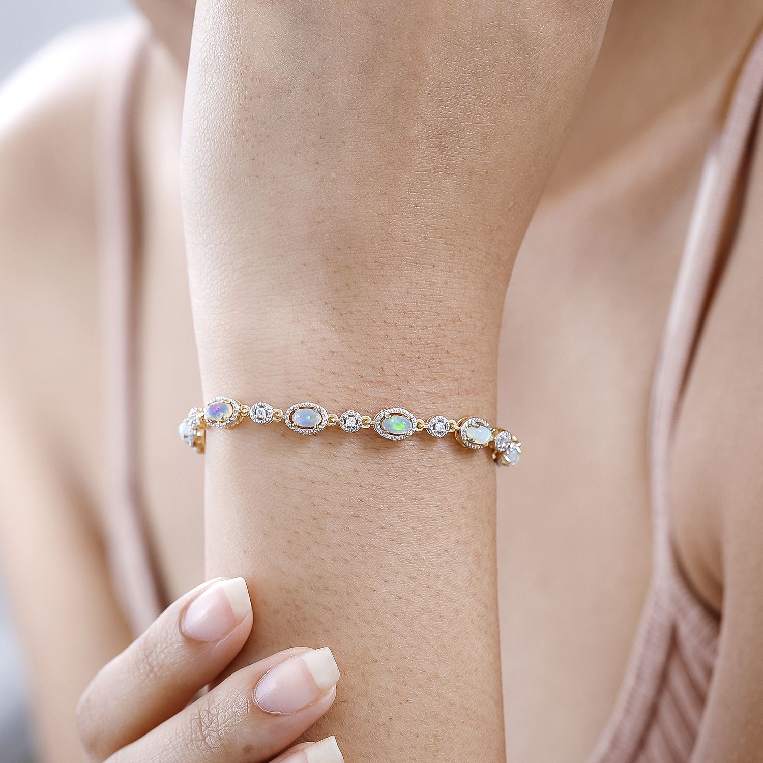 Natürlicher, äthiopischer Welo Opal, weißer Zirkon Armband, ca. 19 cm 925 Silber vergoldet ca. 1.82 ct