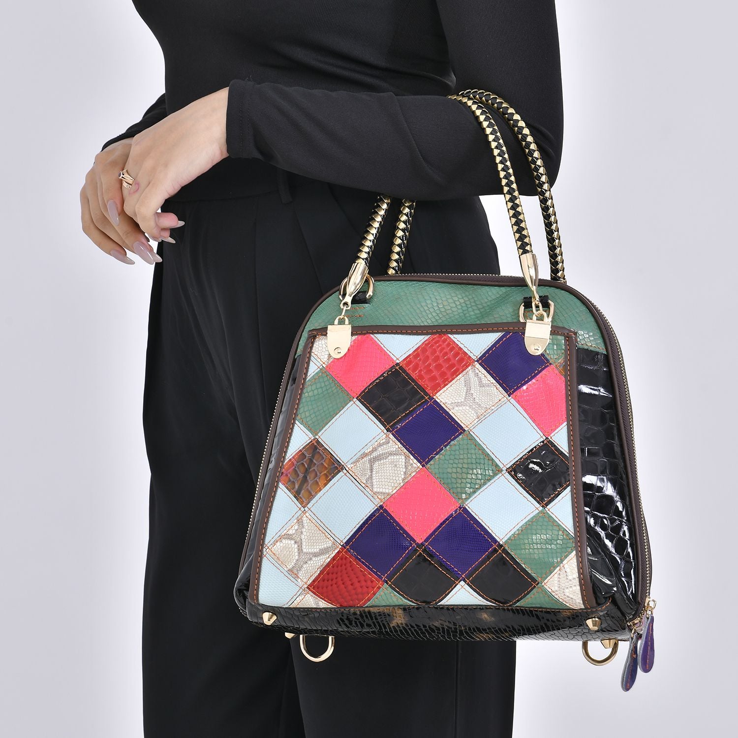 Chaos by Elsie - 100% Echtleder Patchwork Tasche mit RFID schutz, 31x28x12 cm, Patchwork