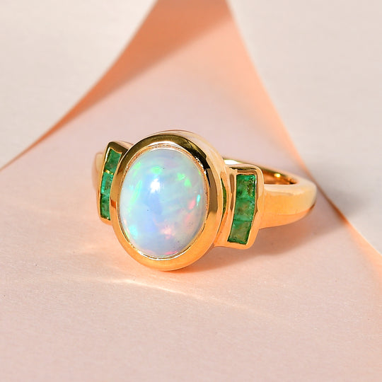Natürlicher, äthiopischer Welo Opal, Kagem Sambischer Smaragd Ring, 925 Silber Gelbgold Vermeil (Größe 20.00) ca. 2.05 ct