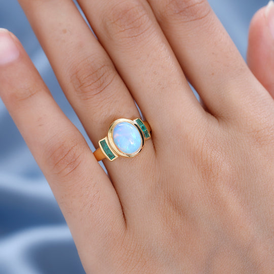 Natürlicher, äthiopischer Welo Opal, Kagem Sambischer Smaragd Ring, 925 Silber Gelbgold Vermeil (Größe 20.00) ca. 2.05 ct