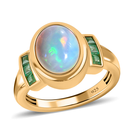 Natürlicher, äthiopischer Welo Opal, Kagem Sambischer Smaragd Ring, 925 Silber Gelbgold Vermeil (Größe 20.00) ca. 2.05 ct