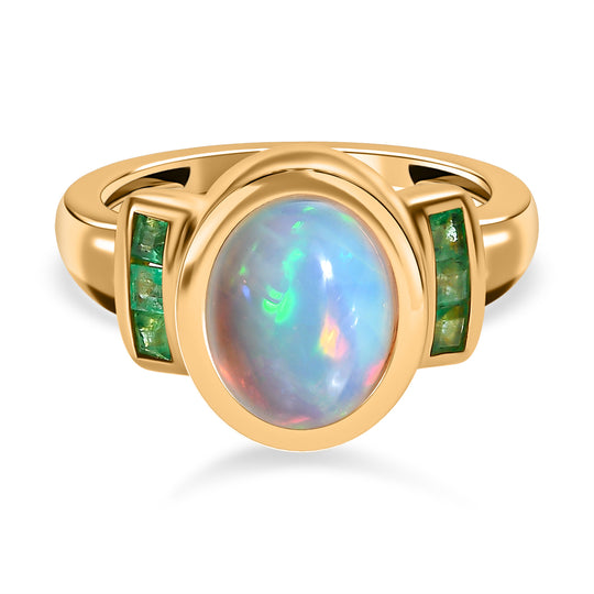 Natürlicher, äthiopischer Welo Opal, Kagem Sambischer Smaragd Ring, 925 Silber Gelbgold Vermeil (Größe 20.00) ca. 2.05 ct