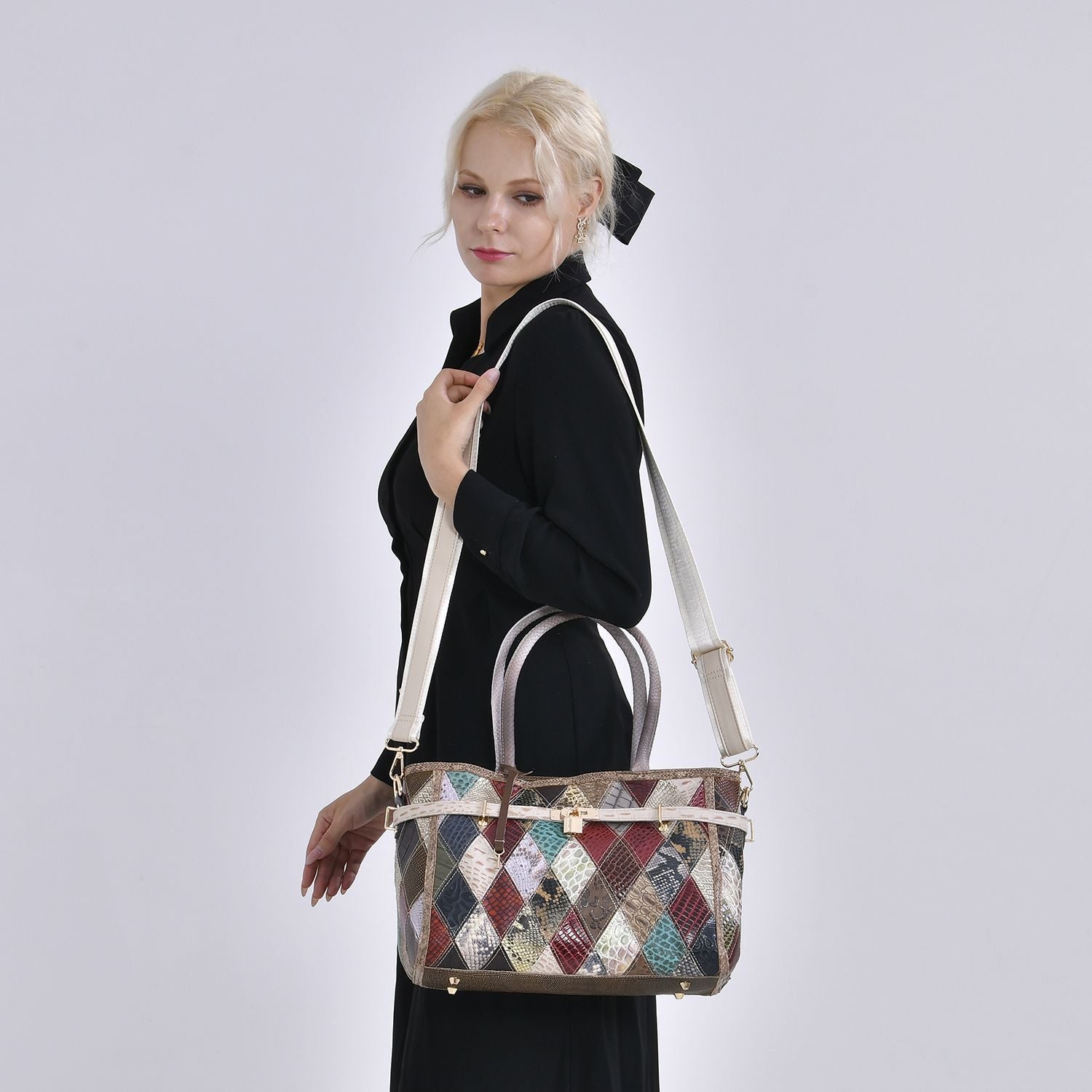 Chaos by Elsie:, Echte Leder-Tasche mit Regenbogen-Mattwebmuster und RFID-Schutz, 35x1524cm