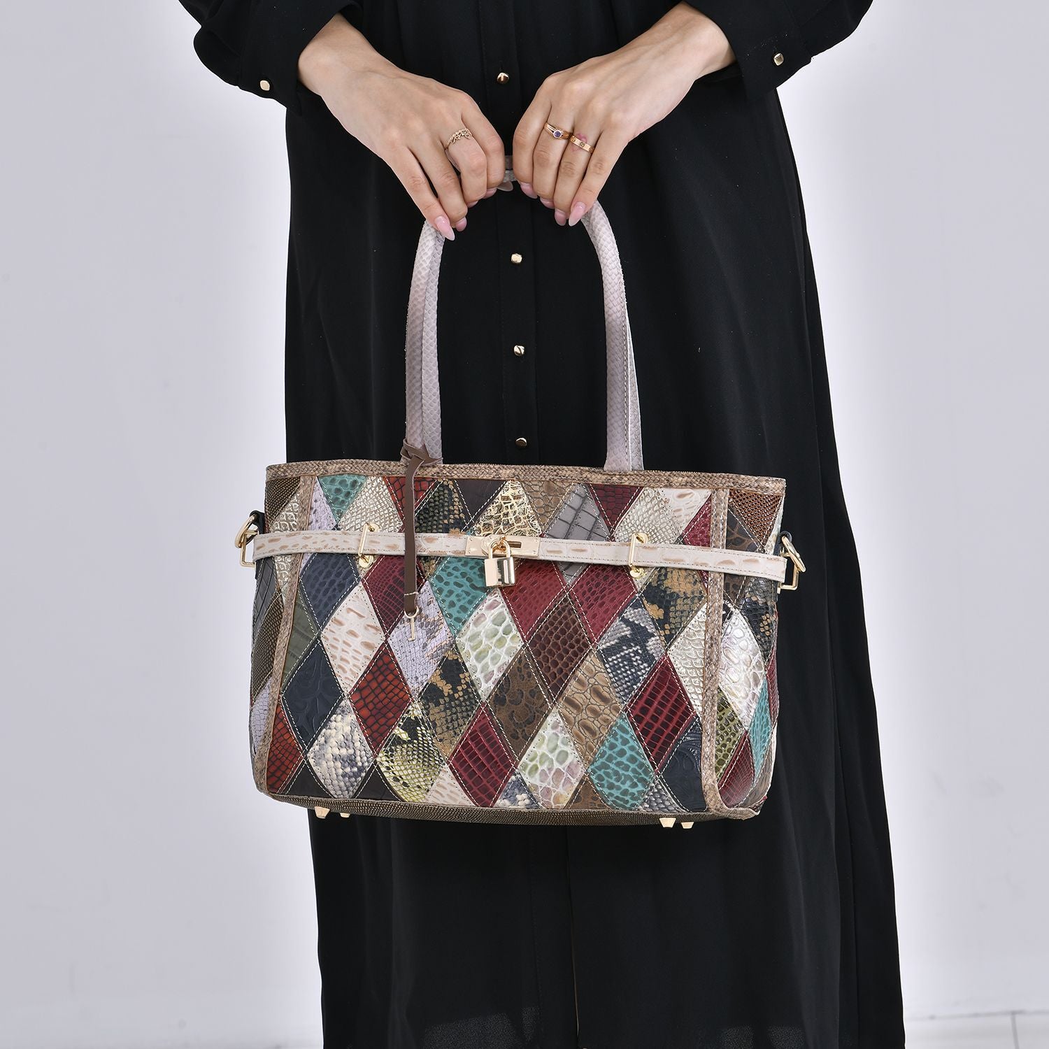 Chaos by Elsie:, Echte Leder-Tasche mit Regenbogen-Mattwebmuster und RFID-Schutz, 35x1524cm