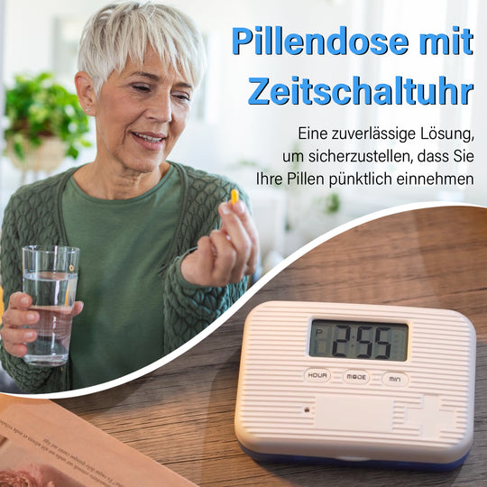 6-Fach Pillendose mit Timer, 9.5x6.5x2cm, Weiß
