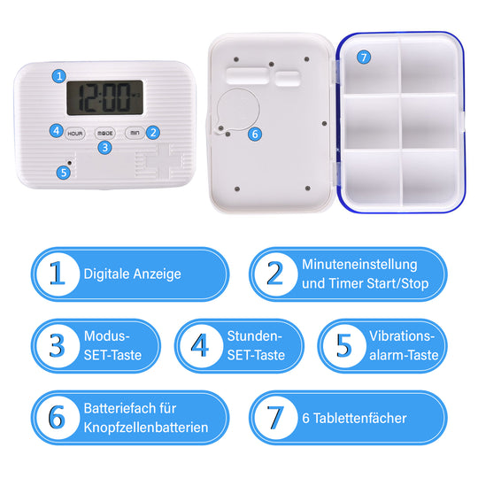 6-Fach Pillendose mit Timer, 9.5x6.5x2cm, Weiß