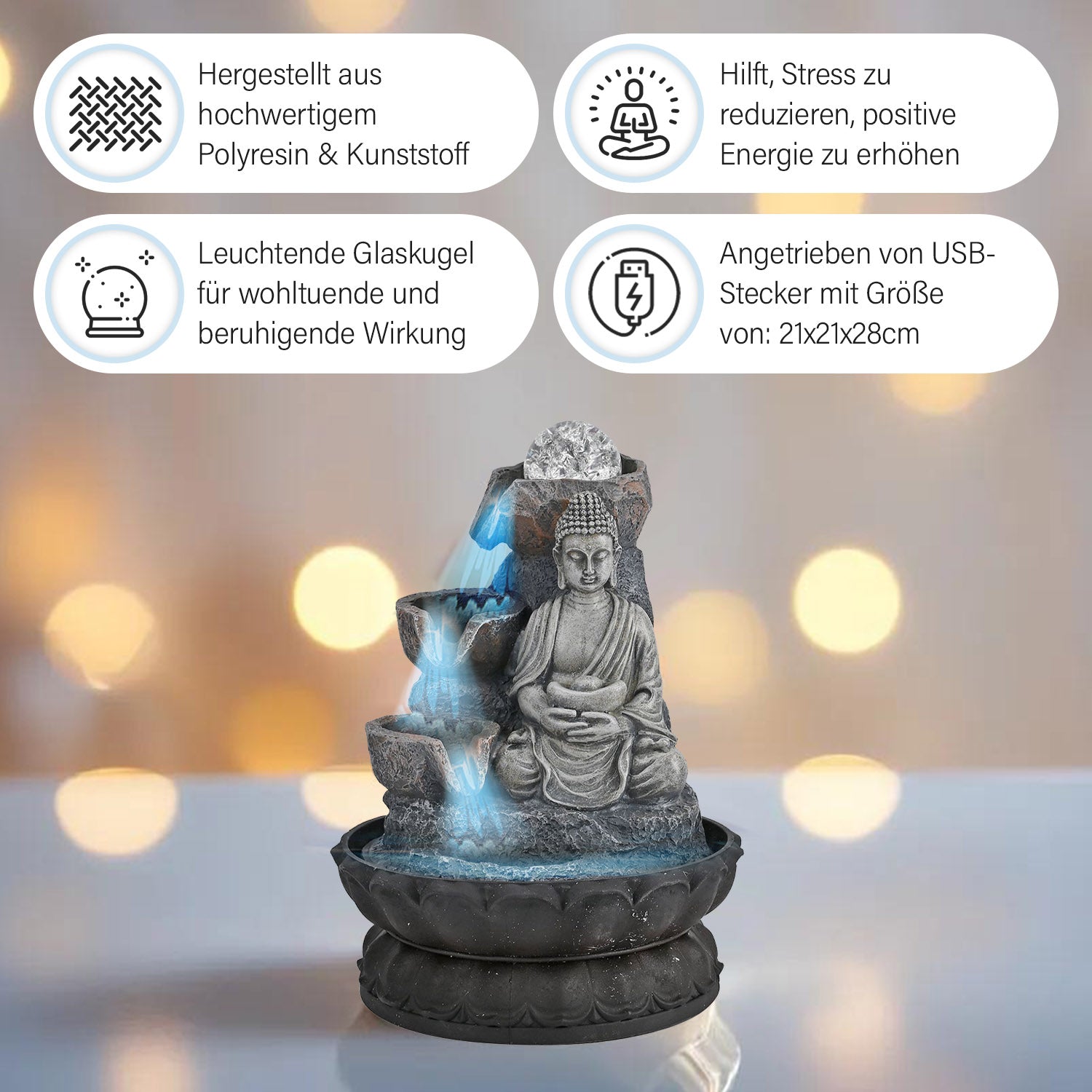 Buddha mit Glaskugel und Licht