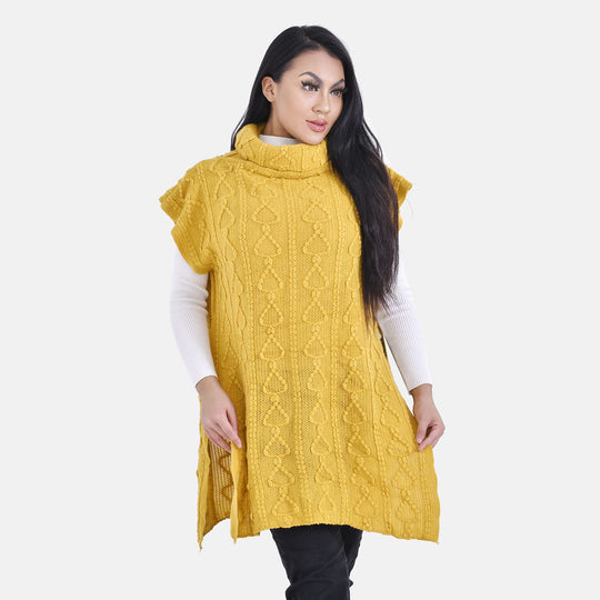 LA MAREY - gestrickter Halskragen Poncho mit Fransen, One Size, Gelb