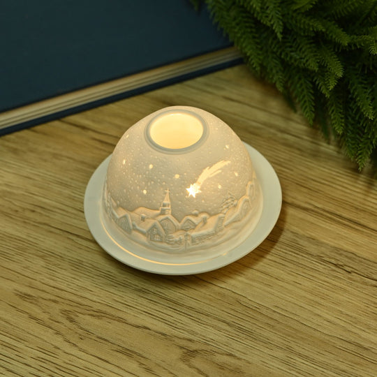 Weihnachts-Windlicht aus unglasiertes weißes Porzellan mit LED, 10 cm Diameter, weißer Engel