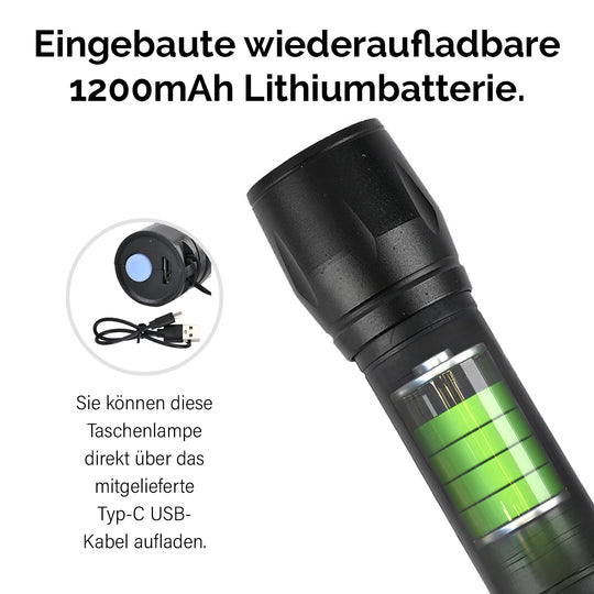 2-in-1 LED-Taschenlampe, wiederaufladbar mit COB-Licht: Drei Modi, Zoom, wasserdicht, rutschfest. 1200mAh Akku, USB-C. 9,5x10,2x2,8 cm