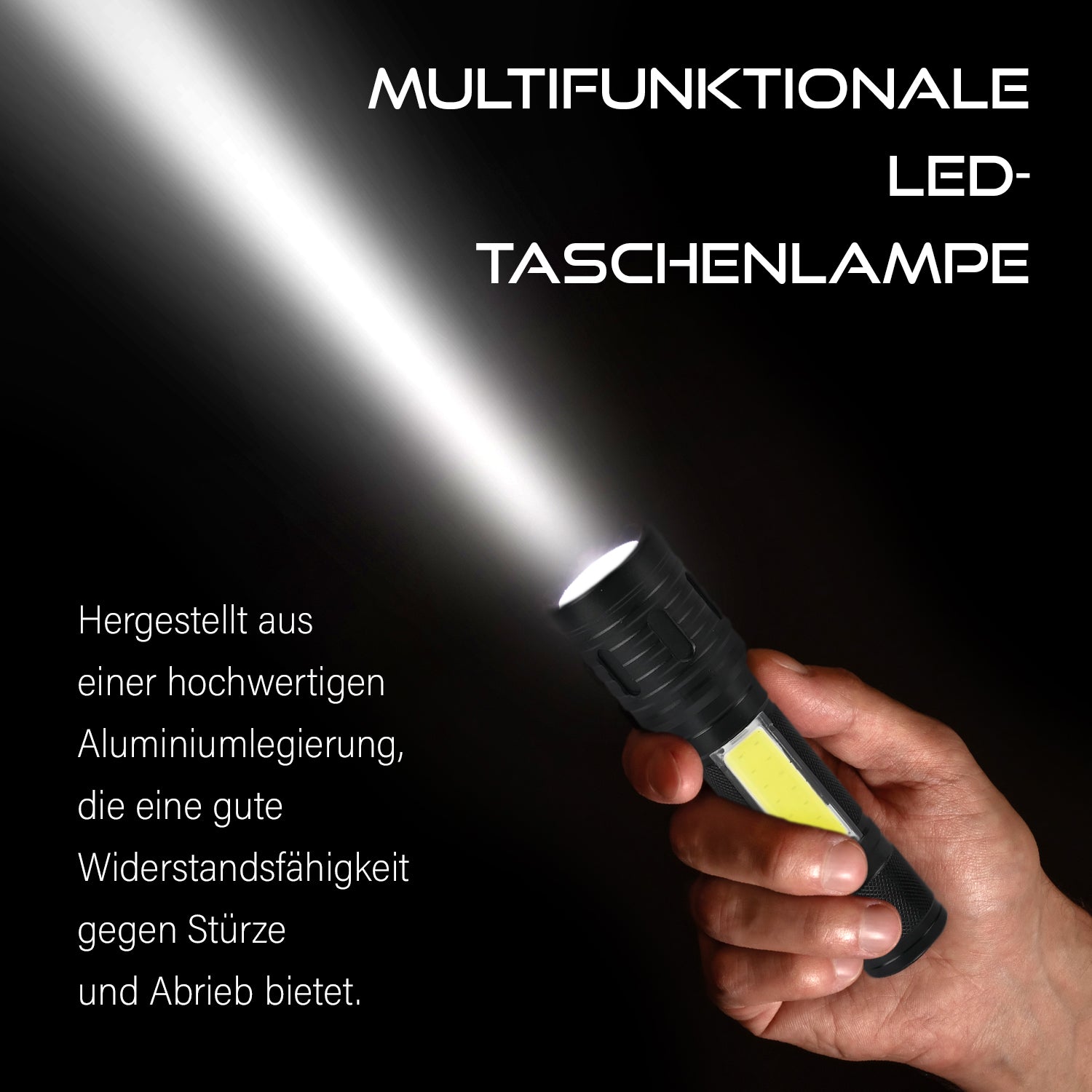 Vielseitige Multifunktions-LED-Taschenlampe mit COB-Seitenlicht, Zoom, Wasserdicht, 1200mAh Akku, Typ-C USB
