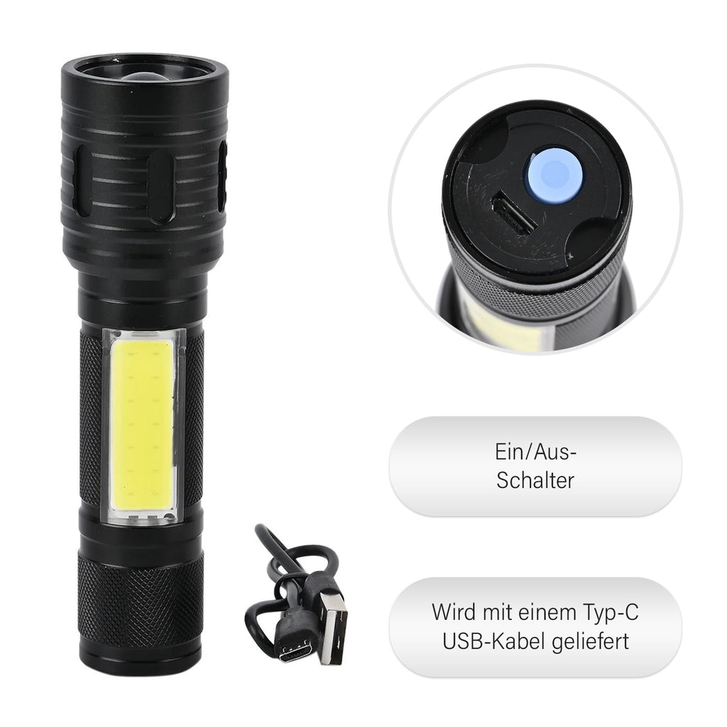 Vielseitige Multifunktions-LED-Taschenlampe mit COB-Seitenlicht, Zoom, Wasserdicht, 1200mAh Akku, Typ-C USB