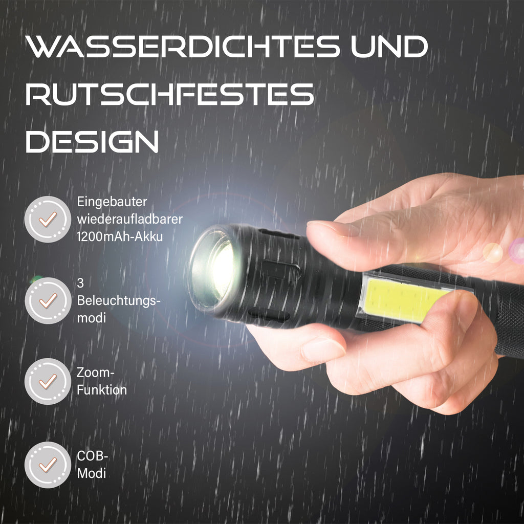 Vielseitige Multifunktions-LED-Taschenlampe mit COB-Seitenlicht, Zoom, Wasserdicht, 1200mAh Akku, Typ-C USB