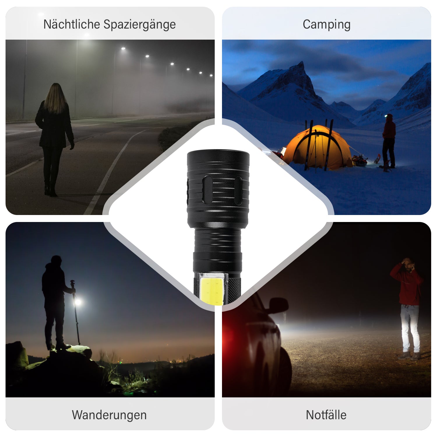 Vielseitige Multifunktions-LED-Taschenlampe mit COB-Seitenlicht, Zoom, Wasserdicht, 1200mAh Akku, Typ-C USB