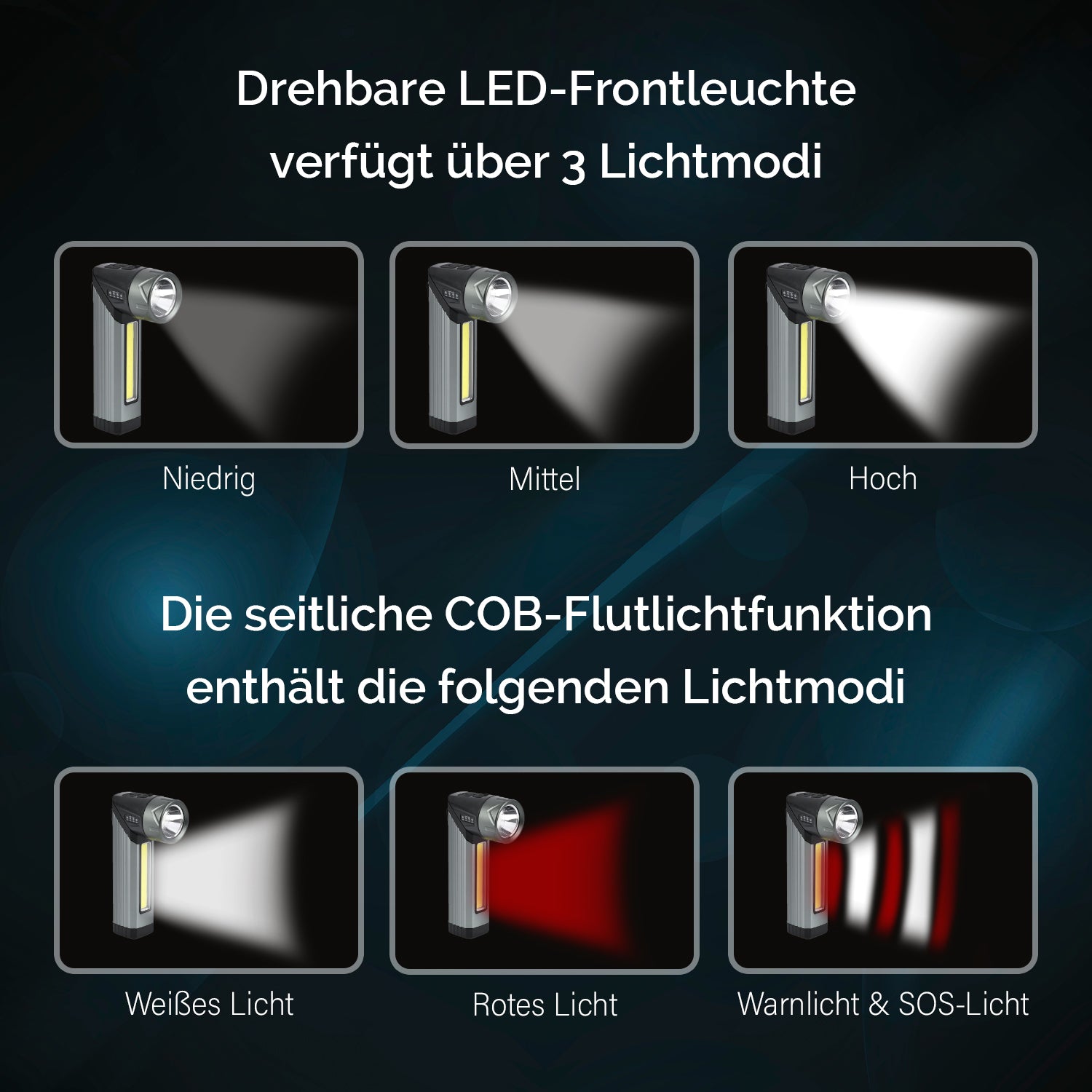 Wiederaufladbare Taschenlampe  mit drehbarem LED-Kopf mit 3 Beleuchtungsmodi