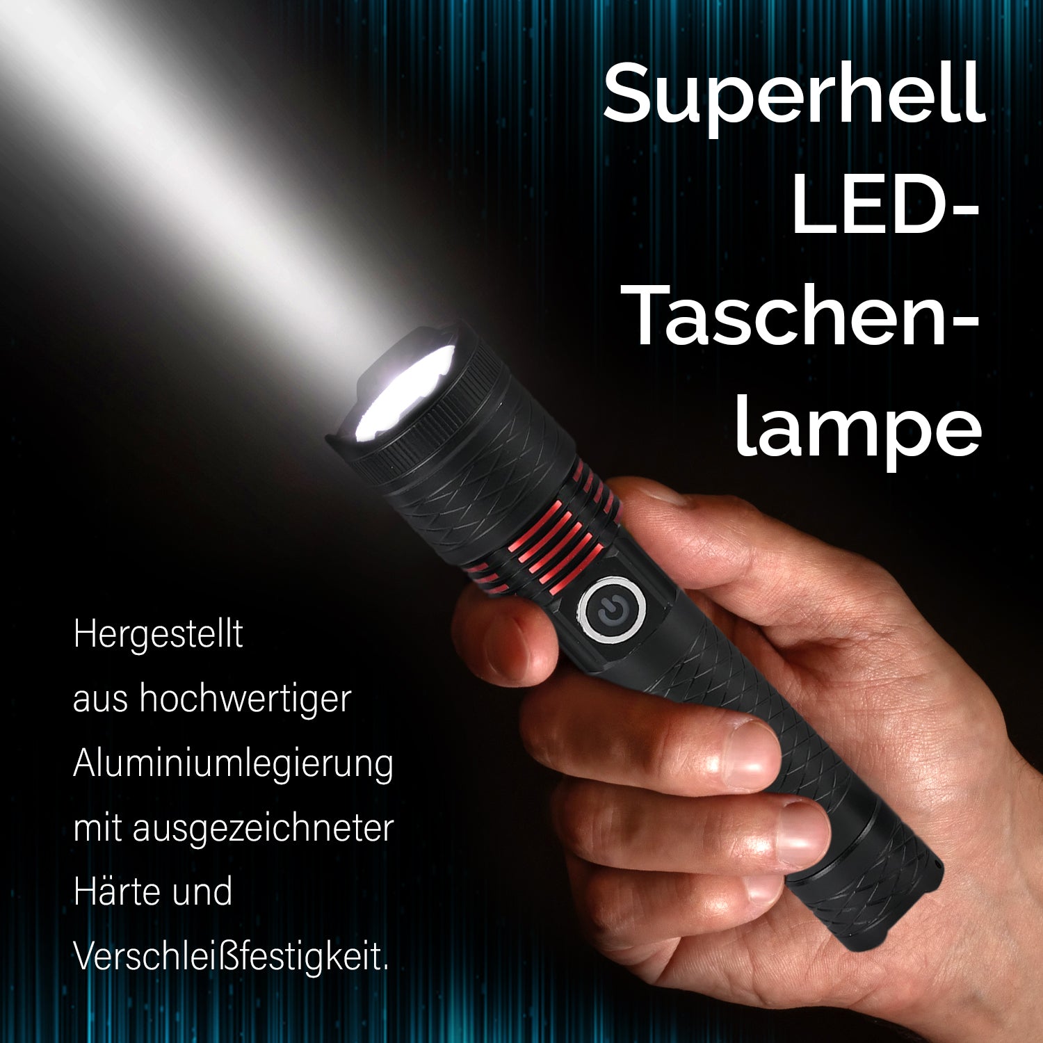Hochleistungs LED-Taschenlampe mit Zoom-Funktion mit 3 Beleuchtungsmodi
