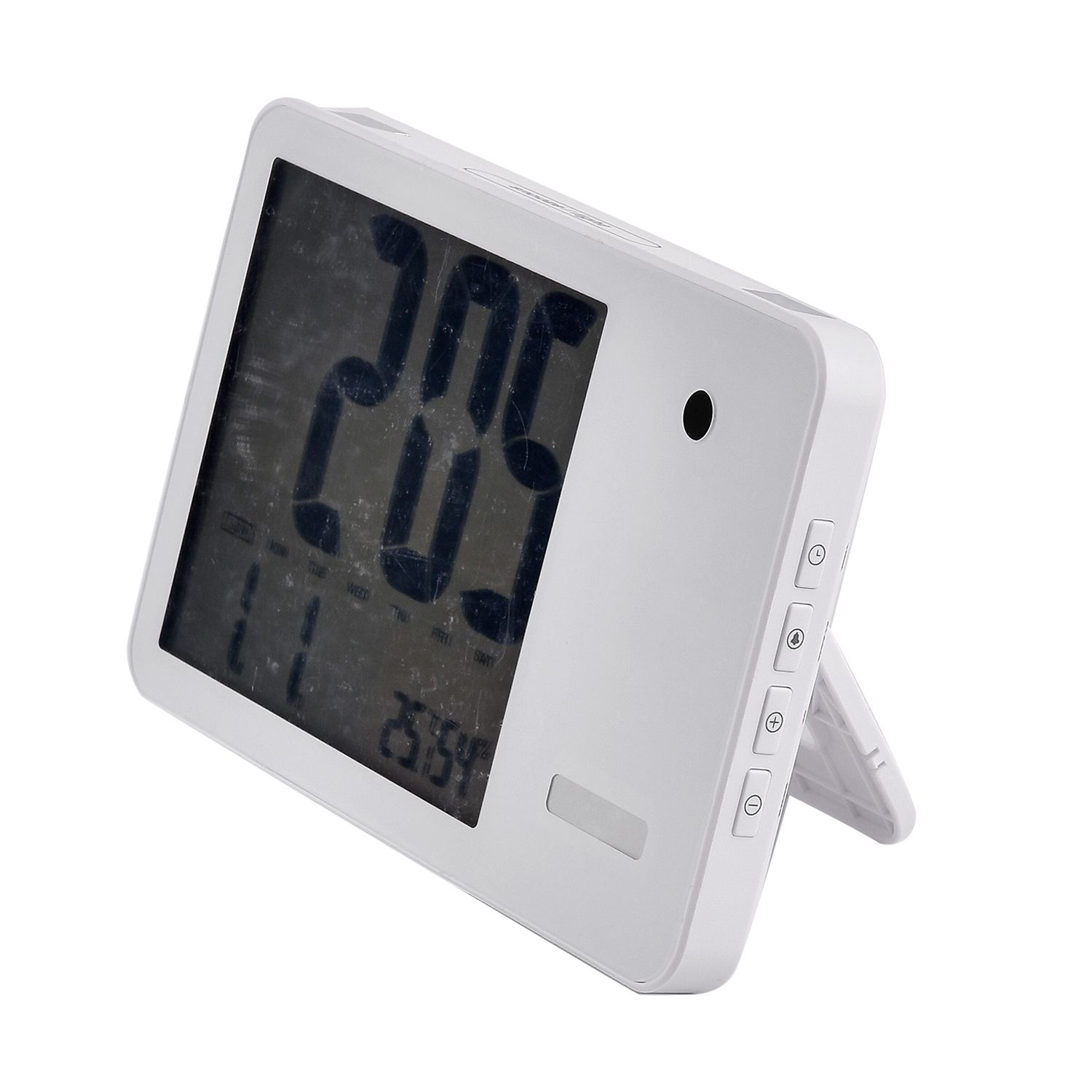 Multifunktionale Wetterstation mit Wecker, Musik, Raum- und Körpertemperatur, Luftfeuchtigkeitssensor, 19.2x12.3x2.8cm, weiß