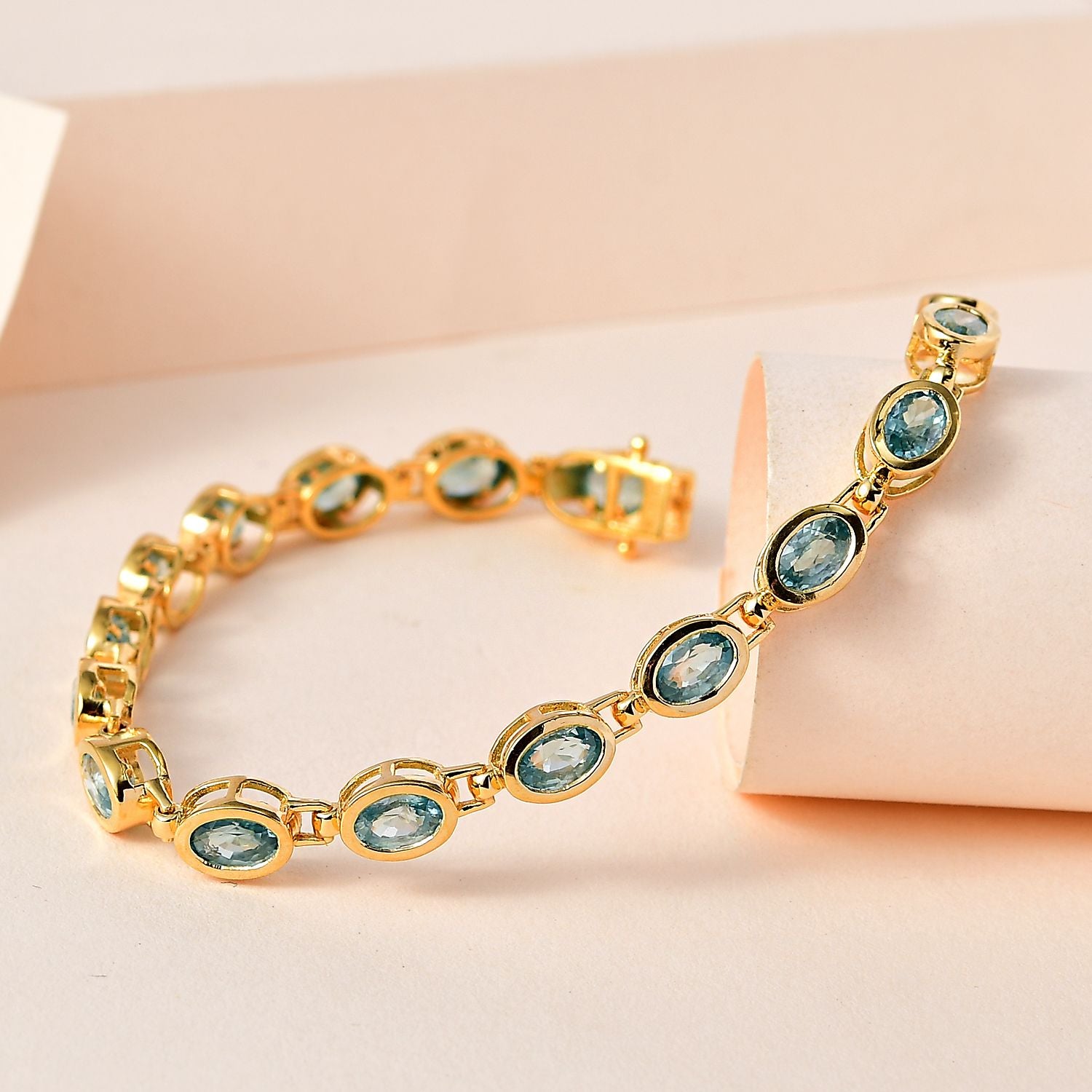Kambodschanischer blauer Zirkon Armband, ca. 20 cm, 925 Silber vergoldet, ca. 14.74 ct