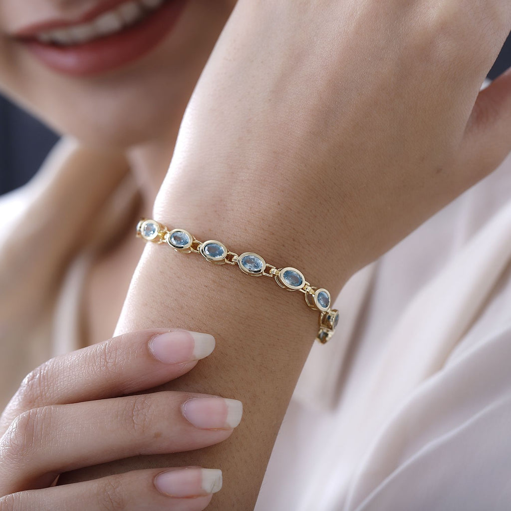 Kambodschanischer blauer Zirkon Armband, ca. 20 cm, 925 Silber vergoldet, ca. 14.74 ct