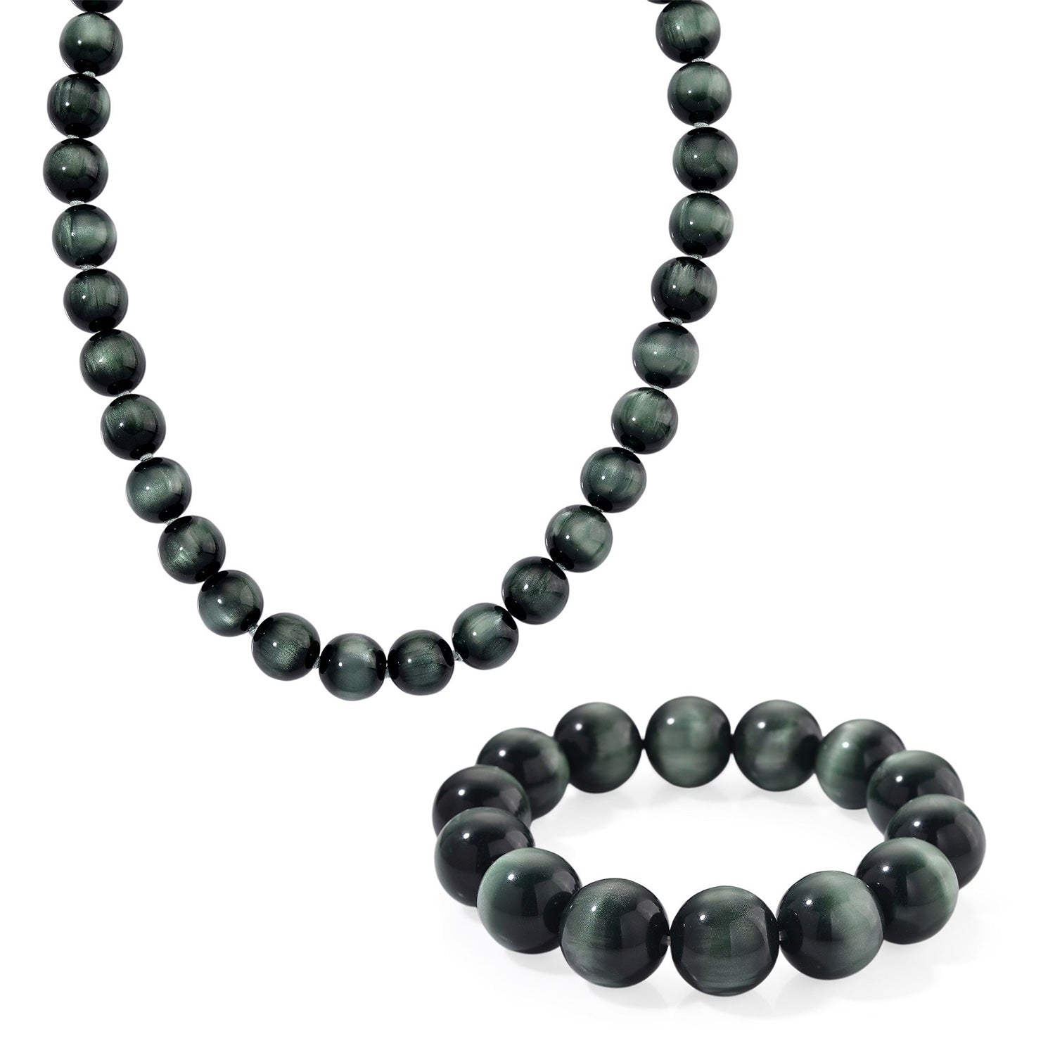 Simuliertes flexibles grünes Katzenauge Armband und 45+5cm Halskette