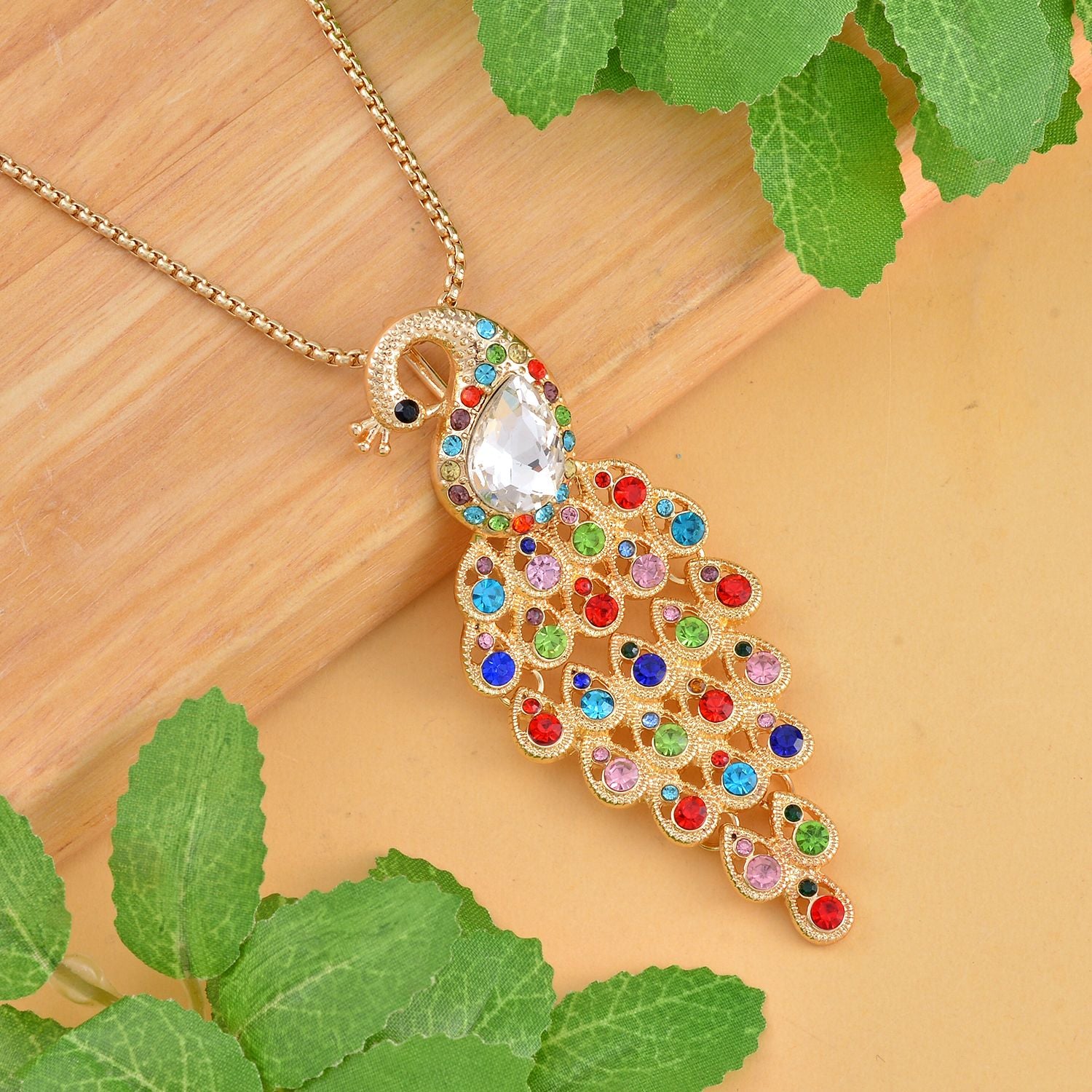 Kristall-Halskette mit Mehrfarbigem Pfau-Motiv aus Glas, ca. 70 cm, in Goldfarben