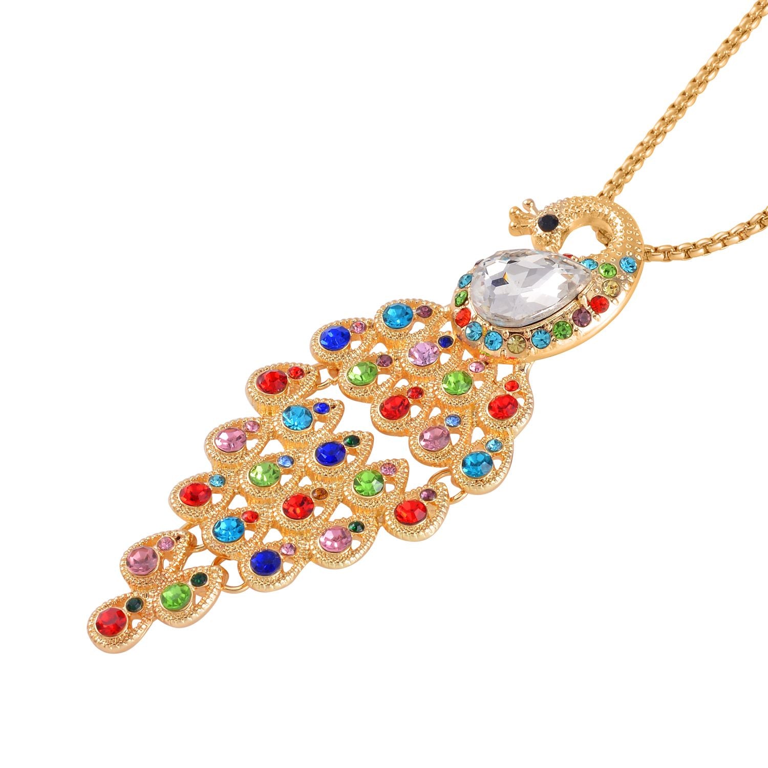 Kristall-Halskette mit Mehrfarbigem Pfau-Motiv aus Glas, ca. 70 cm, in Goldfarben