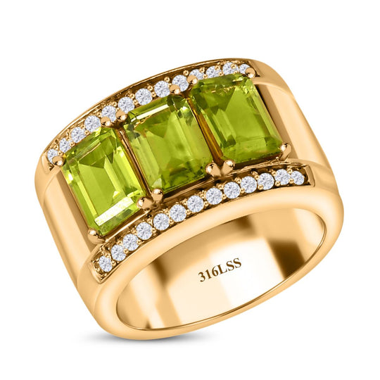 Natürlicher Peridot, weißer Zirkon Ring, 316L Edelstahl vergoldet (Größe 19.00) ca. 3.64 ct