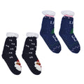 2er-Set - 2 Paar rutschfeste Haus Socken mit warmem Sherpa Futter, Einheitsgröße Weihnachtsmotiv, Schwarz und Blau 