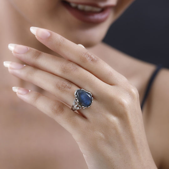 Labradorit Ring, 925 Silber platiniert (Größe 18.00) ca. 8.87 ct