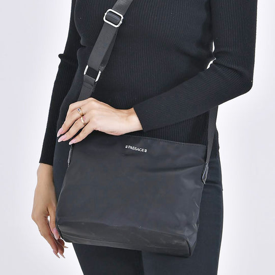 Sencillez - Crossbody Handtasche mit Nylonfutter und RFID Schutz, 112cm Schultergurt, 27x14.5x23 cm, Schwarz