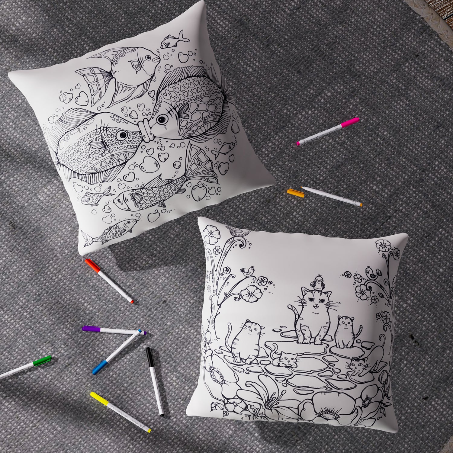 2er Set DIY Malen: Kissenbezug mit 8 Wasserfarbstiften, 45x45 cm, Fisch und Katze