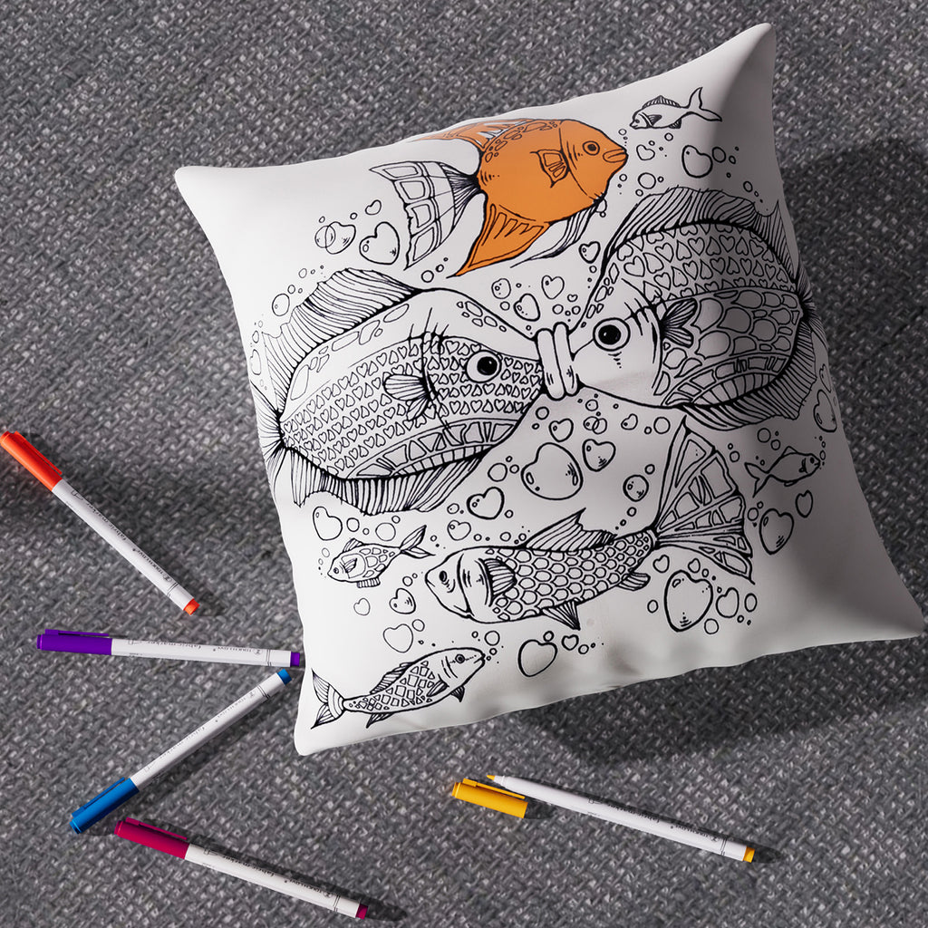 2er Set DIY Malen: Kissenbezug mit 8 Wasserfarbstiften, 45x45 cm, Fisch und Katze