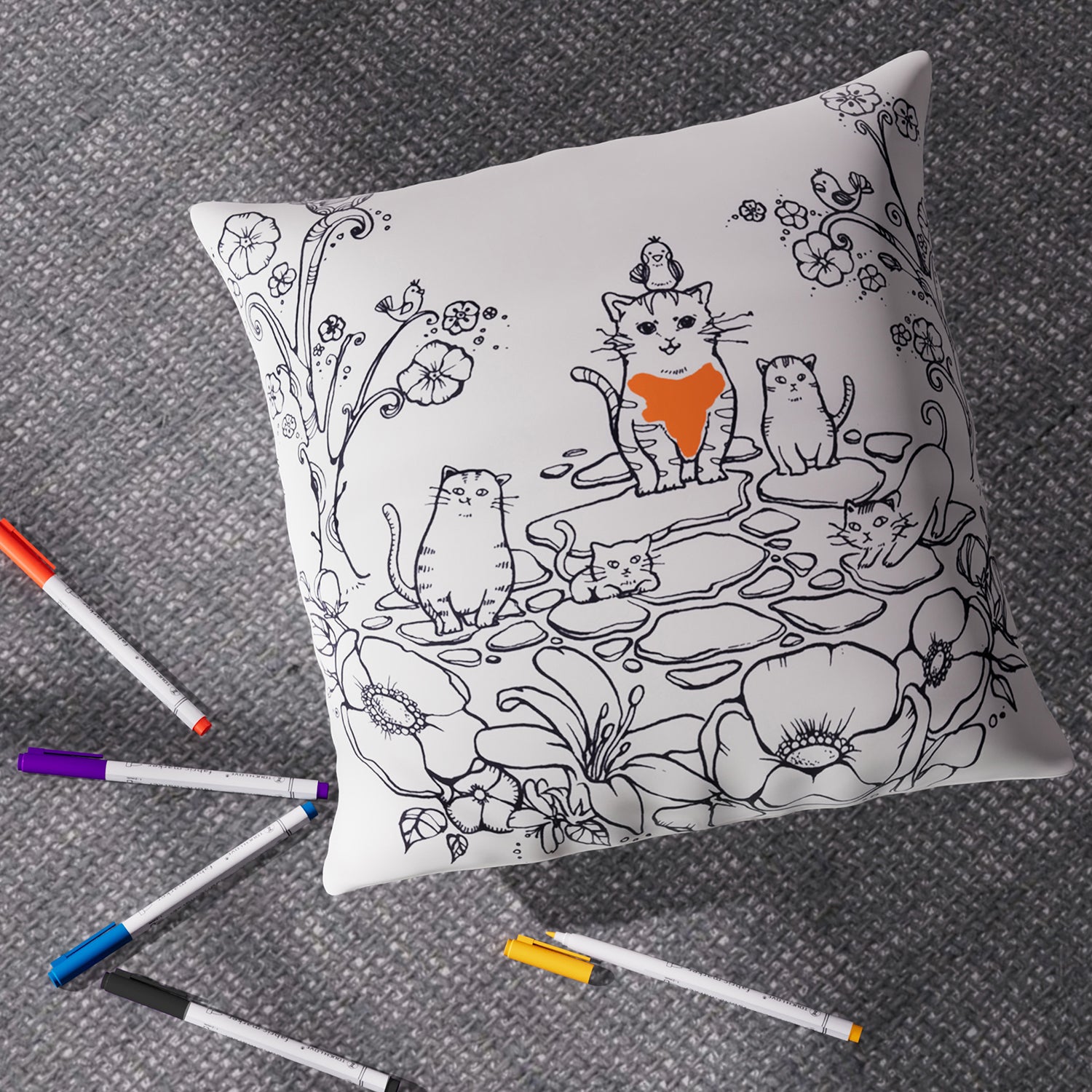 2er Set DIY Malen: Kissenbezug mit 8 Wasserfarbstiften, 45x45 cm, Fisch und Katze