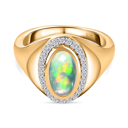 Natürlicher, äthiopischer Welo Opal, Weißer Zirkon Ring, 925 Silber Gelbgold Vermeil (Größe 20.00) ca. 1.20 ct