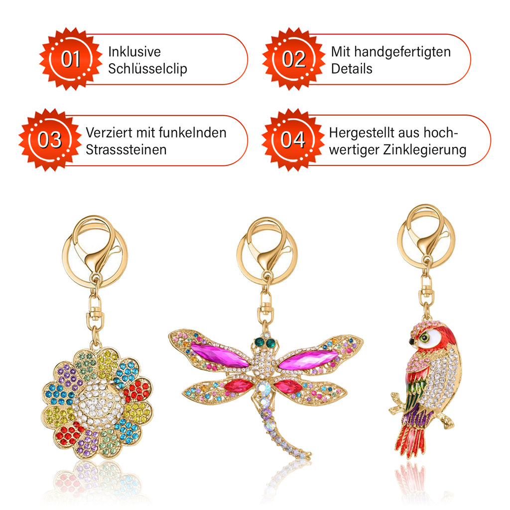 3 Stück Dekorativer Schlüsselanhänger, Blüte, Libelle, Papagei