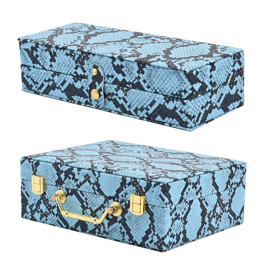 2er-Set, Schmuckkasten mit Reise-Etui aus Kunstleder mit Python-Prägung, 24x19x9 und 22x17x3 cm, Blau
