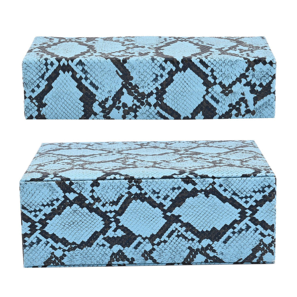 2er-Set, Schmuckkasten mit Reise-Etui aus Kunstleder mit Python-Prägung, 24x19x9 und 22x17x3 cm, Blau