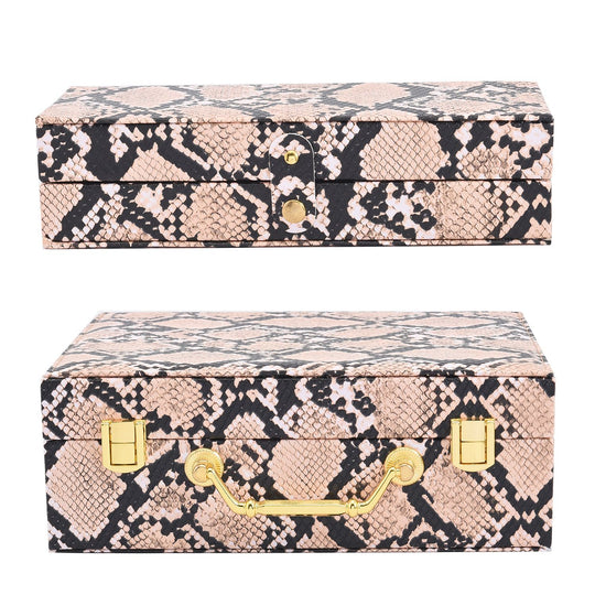 2er-Set, Schmuckkasten mit Reise-Etui aus Kunstleder mit Python-Prägung, 24x19x9 und 22x17x3 cm, Elfenbein