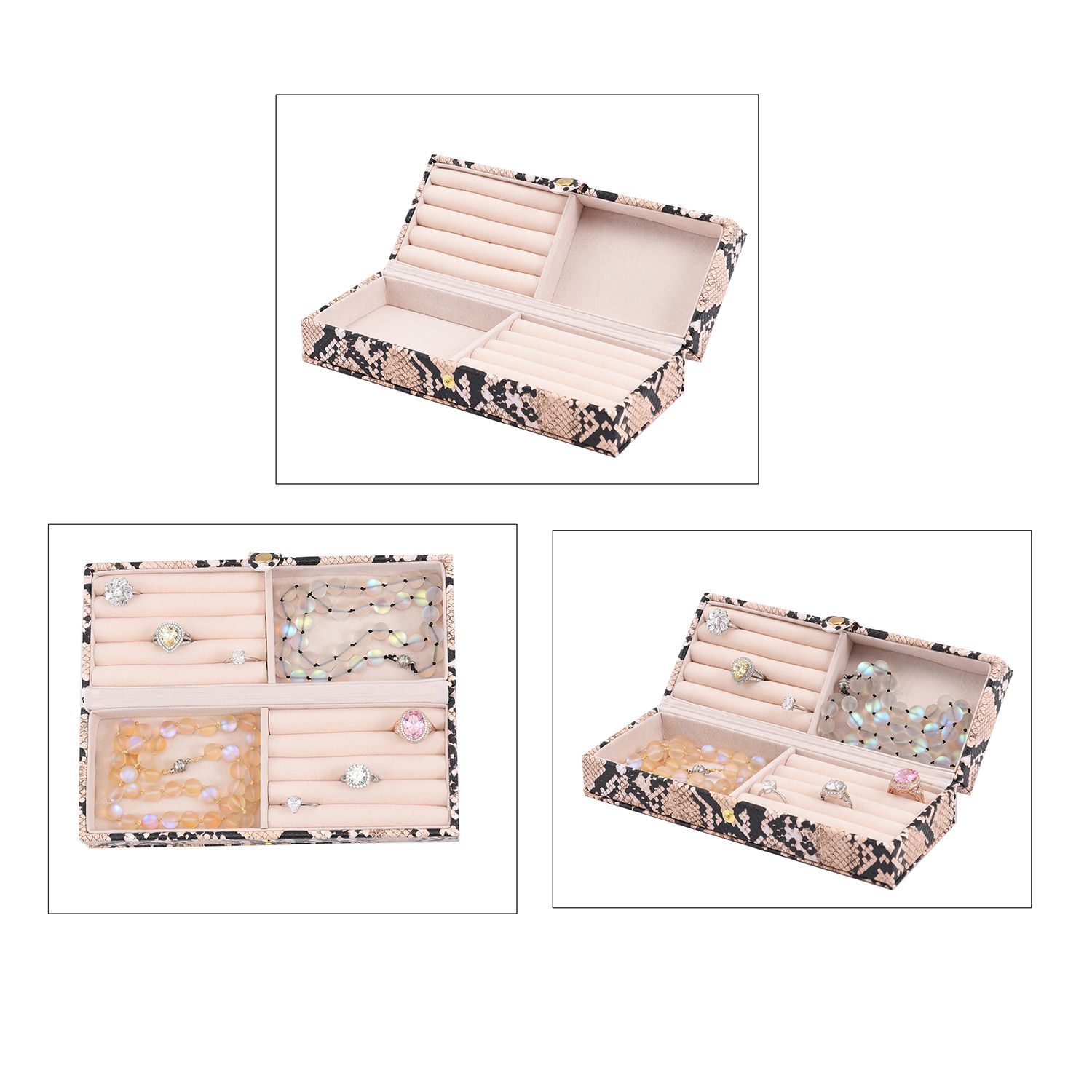 2er-Set, Schmuckkasten mit Reise-Etui aus Kunstleder mit Python-Prägung, 24x19x9 und 22x17x3 cm, Elfenbein